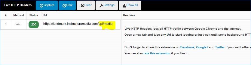 Live HTTP Headers showing a URL with the word media highlighted